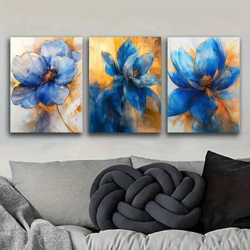 3pcs Blue exotic Flowers Art Painting  Metal Print Ready to Hang Art