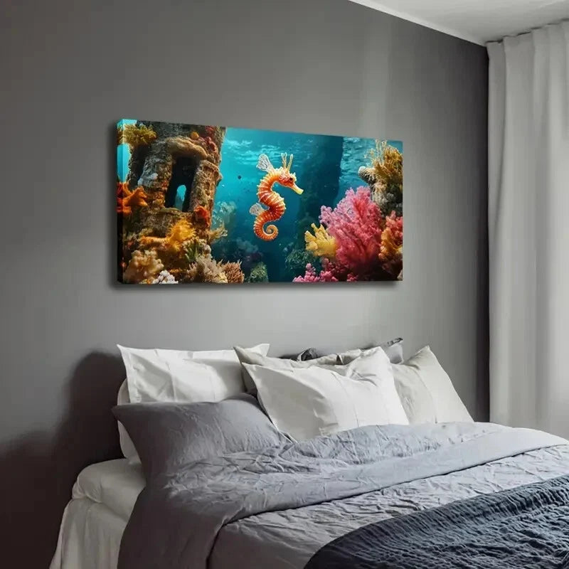 Ocean Scene with Seahorse Wall Art Canvas Office Home Room Framed 120x60cm