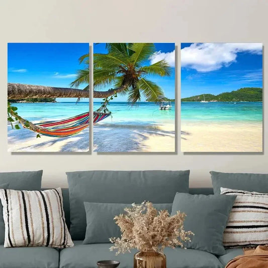 3pcs Vibrant Ocean View with Palm Tree & Hammock Metal Print Ready to Hang Art