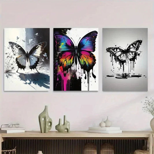 3pcs Modern Abstract with Colorful Butterflies Metal Print Ready to Hang Art