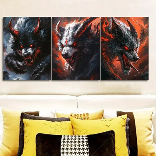 3pcs Dramatic Black & Orange Wolf Illustration Wall Art Set Canvas Framed 40x60cm - High Quality Print 100% Australian Made Wall Canvas Ready to Hang
