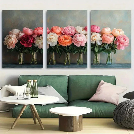 3pcs Peony Flower Bouquet Design Metal Print Ready to Hang Art