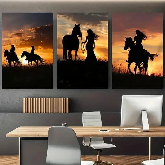 3pcs Sunset Horse Silhouette Metal Print Ready to Hang Art