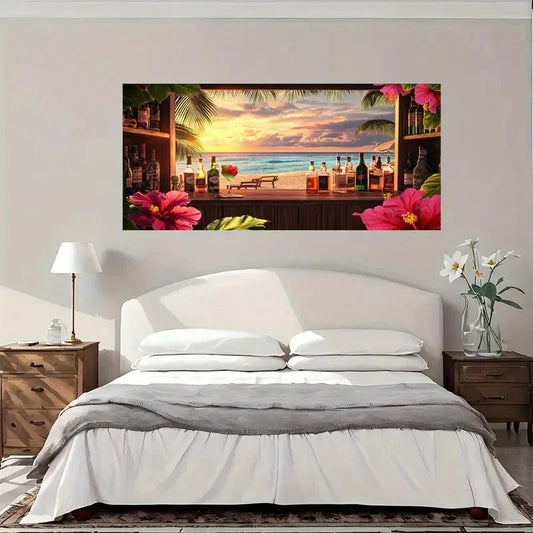 Tropical Sunset Beach Bar Wall Art Canvas Office Home Room Framed 80x45cm