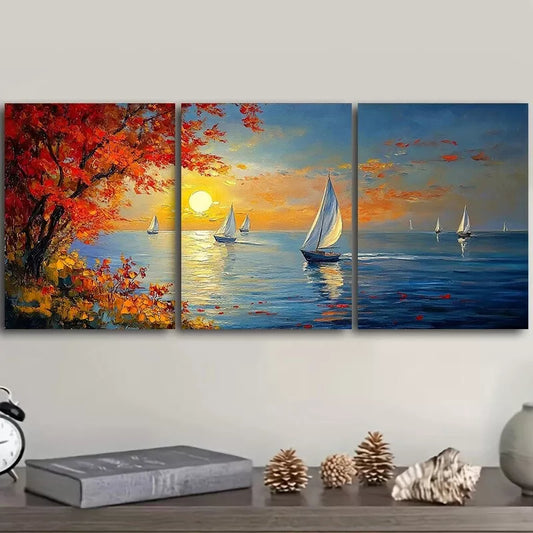 3pcs Serene Sailboat Sunset Scene Vibrant Autumn Wall Art Set Canvas Framed 40x60cm - High Quality Print 100% Australian Made Wall Canvas Ready to Hang