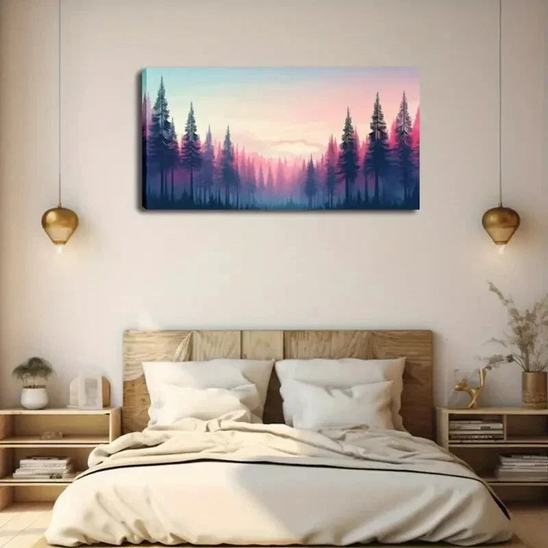 Vibrant Sunset Pine Tree Scene Wall Art Canvas Office Home Room Framed 120x60cm