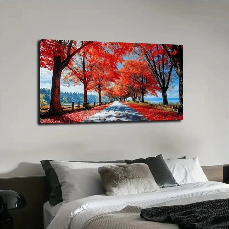 Vibrant Red Maple Leaf Pathway Wall Art Canvas Office Home Room Framed 120x60cm