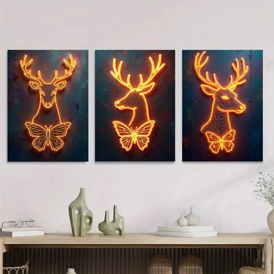3pcs Elegant and Unique Neon Deer and Butterfly Metal Print Ready to Hang Art