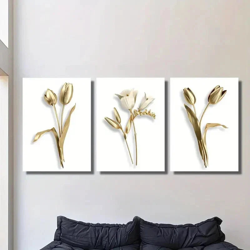 3pcs Golden Floral Modern Minimalist Metal Print Ready to Hang Art
