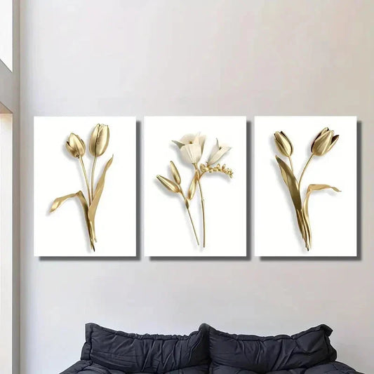 3pcs Golden Floral Modern Minimalist Metal Print Ready to Hang Art