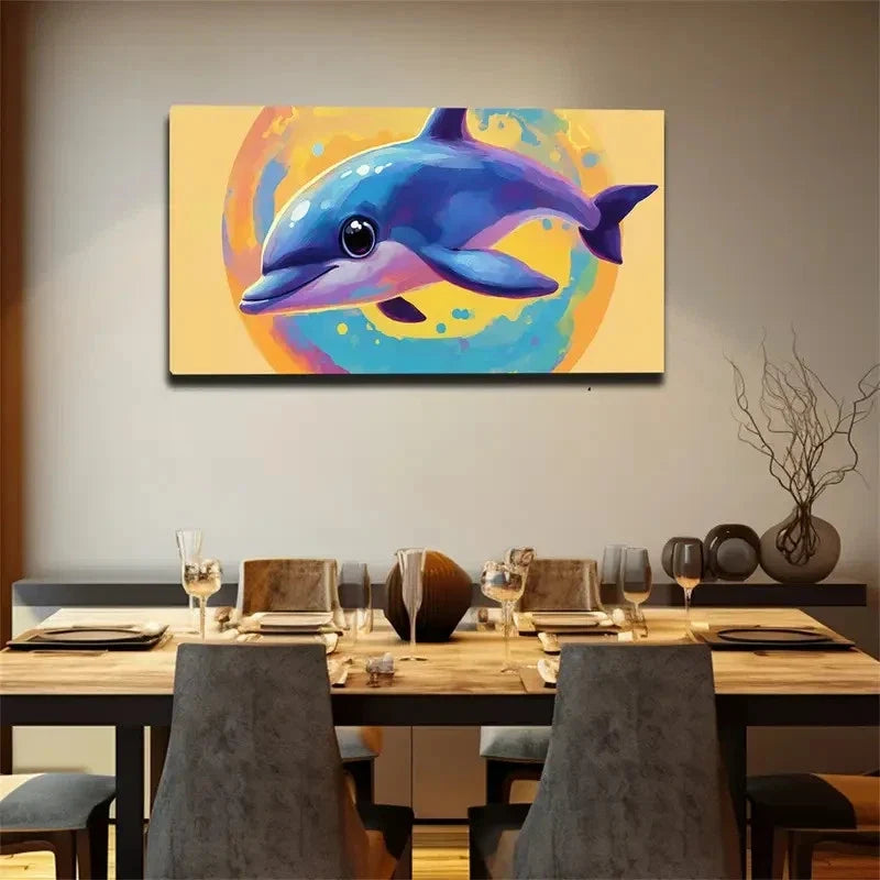 Vibrant Abstract Dolphin Round Wall Art Canvas Office Home Room Framed 120x60cm