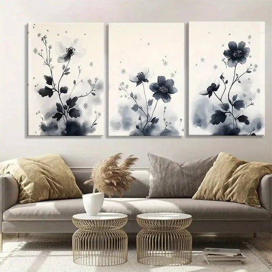 3pcs Elegant Black and White Floral Perfect Wall Art Set Canvas Framed 40x60cm - High Quality Print 100% Australian Made Wall Canvas Ready to Hang