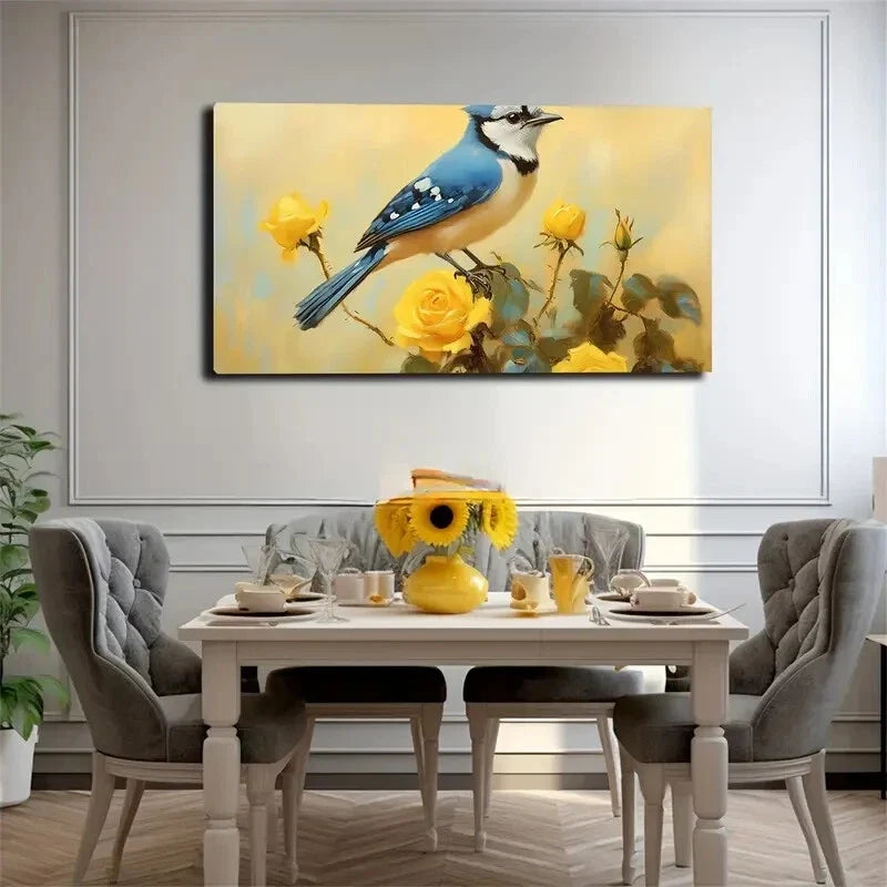 Blue Jay & Yellow Rose Wall Art Canvas Office Home Room Framed 120x60cm