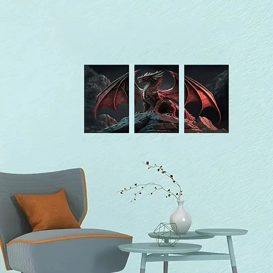 3pcs Fantasy Dragon Wild Animals Paintings   Metal Print Ready to Hang Art