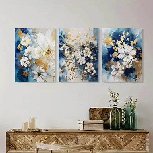 3pcs Blue & Golden Floral Abstract Navy & Golden Metal Print Ready to Hang Art