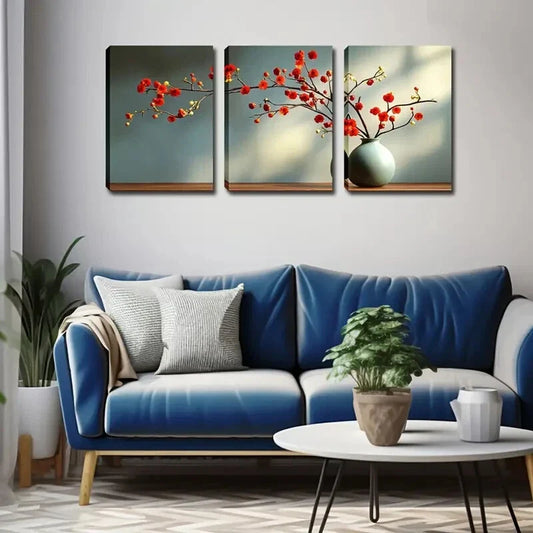 3pcs Elegant Red Plum Blossom Triptych Perfect Wall Art Set Canvas Framed 40x60cm - High Quality Print 100% Australian Made Wall Canvas Ready to Hang