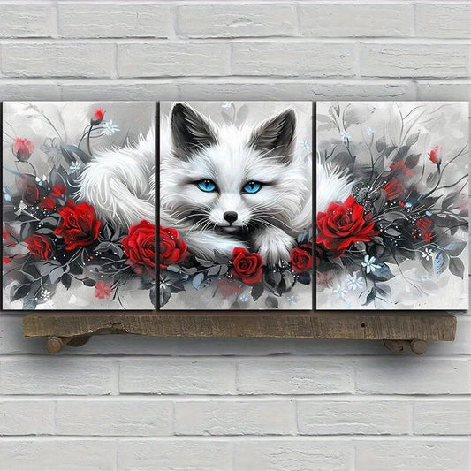 3pcs White Fox and Red Roses Stunning Blue Eyes Metal Print Ready to Hang Art