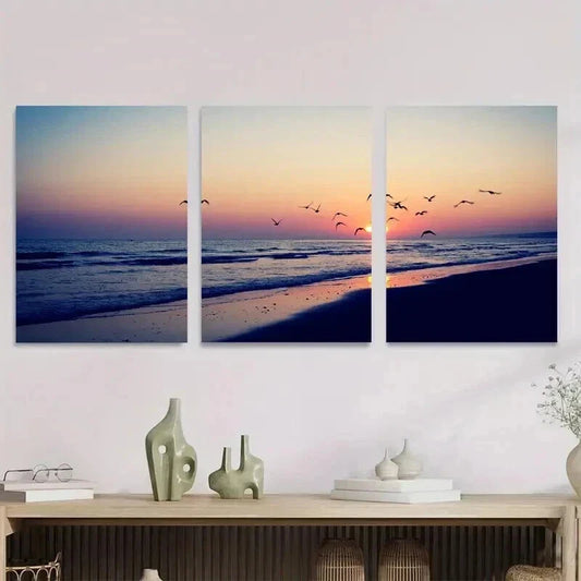 3pcs Beach Sunset Landscape Vibrant Sunset Wall Art Set Canvas Framed 40x60cm - High Quality Print 100% Australian Made Wall Canvas Ready to Hang
