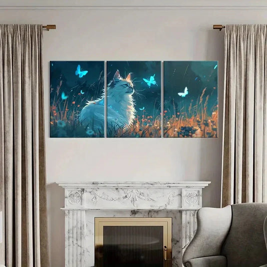 3pcs Serene Cat & Butterfly Design Metal Print Ready to Hang Art