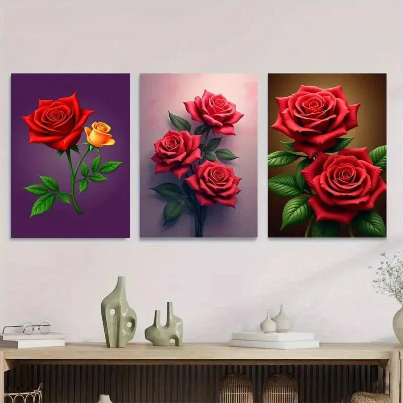 3pcs Beautiful Red Rose Elegant Floral Metal Print Ready to Hang Art