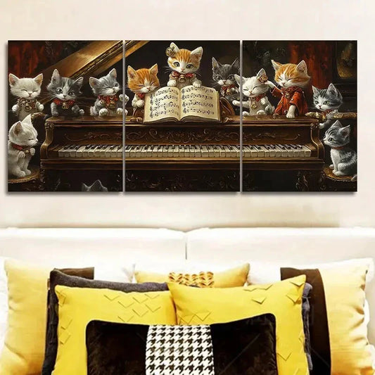 3pcs The cat on the piano  Wall Art Set Canvas Framed 40x60cm - High Quality Print 100% Australian Made Wall Canvas Ready to Hang