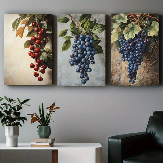 3pcs Vintage Fruits And Abstract Metal Print Ready to Hang Art