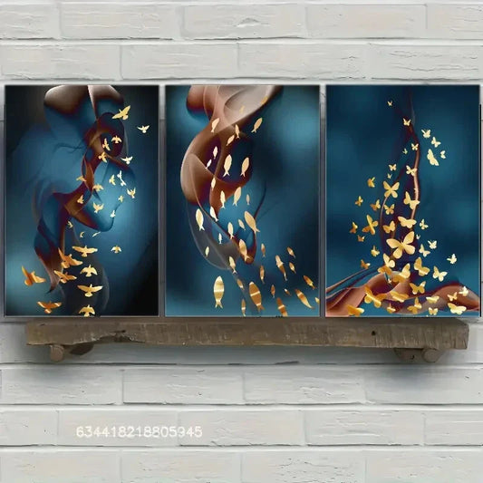 3pcs Birds and butterflies on a blue background Metal Print Ready to Hang Art