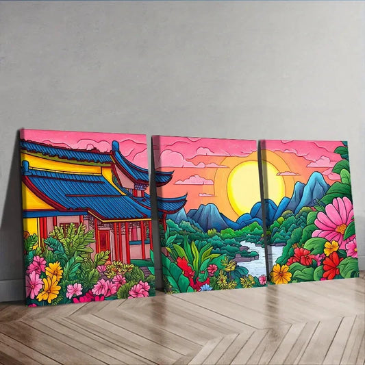 3pcs Colorful ancient Chinese buildings Wall Art Set Canvas Framed 40x60cm - High Quality Print 100% Australian Made Wall Canvas Ready to Hang
