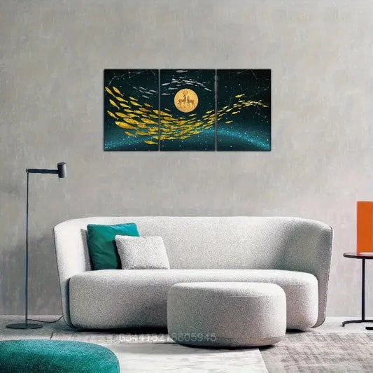3pcs Golden fish, Golden sun, sika deer, Metal Print Ready to Hang Art