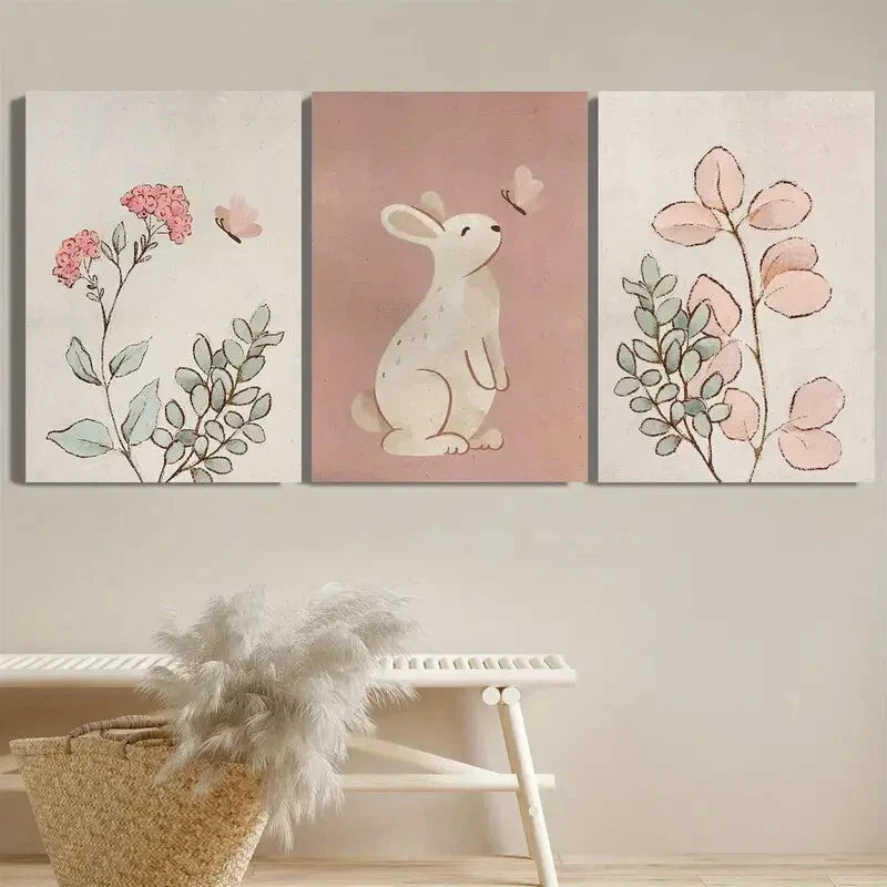 3pcs Rabbits, Pink Butterflies, Minimalism, Plant Metal Print Ready to Hang Art