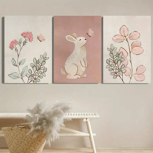 3pcs Rabbits, Pink Butterflies, Minimalism, Plant Metal Print Ready to Hang Art