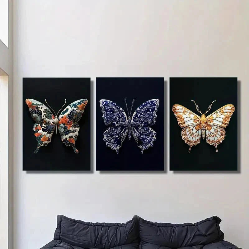3pcs  Japanese flower butterfly on black background Metal Print Ready to Hang Art