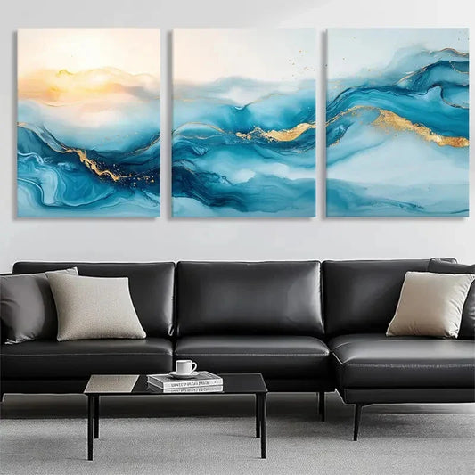 3pcs Blue and Golden Abstract Ocean Wave Perfect Wall Art Set Canvas Framed 40x60cm - High Quality Print 100% Australian Made Wall Canvas Ready to Hang