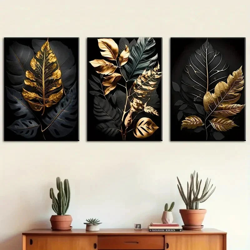 3pcs Golden Light Luxury Leaf Metal Print Ready to Hang Art