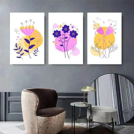 3pcs Modern Yellow, Purple, and Pink Flower Metal Print Ready to Hang Art