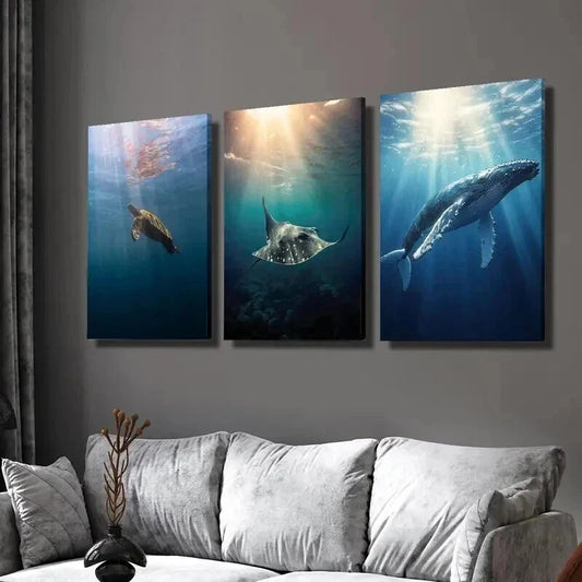 3pcs Turtle Devil Fish Blue Whale Illumination Wall Art Set Canvas Framed 40x60cm - High Quality Print 100% Australian Made Wall Canvas Ready to Hang