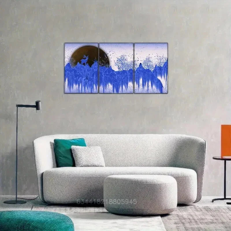 3pcs Sika deer, golden mountains, and golden trees Metal Print Ready to Hang Art