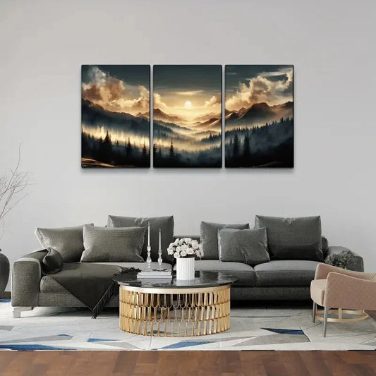 3pcs Sunrise Misty Forest Modern Metal Print Ready to Hang Art