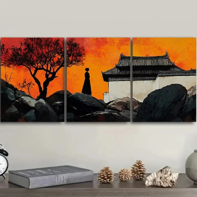 3pcs  Vibrant Sunset Scene with Silhouette Figure Metal Print Ready to Hang Art
