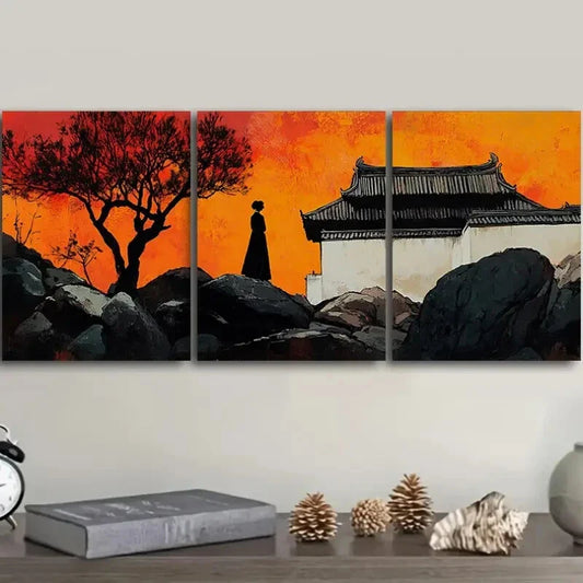 3pcs  Vibrant Sunset Scene with Silhouette Figure Metal Print Ready to Hang Art