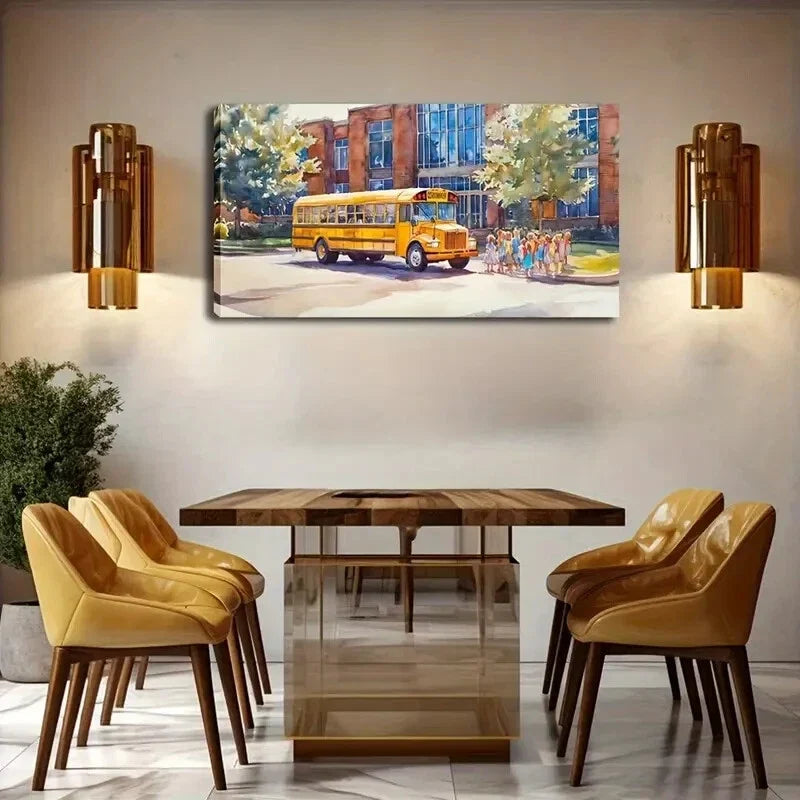 Joyful Youngsters School Bus Wall Art Canvas Office Home Room Framed 120x60cm