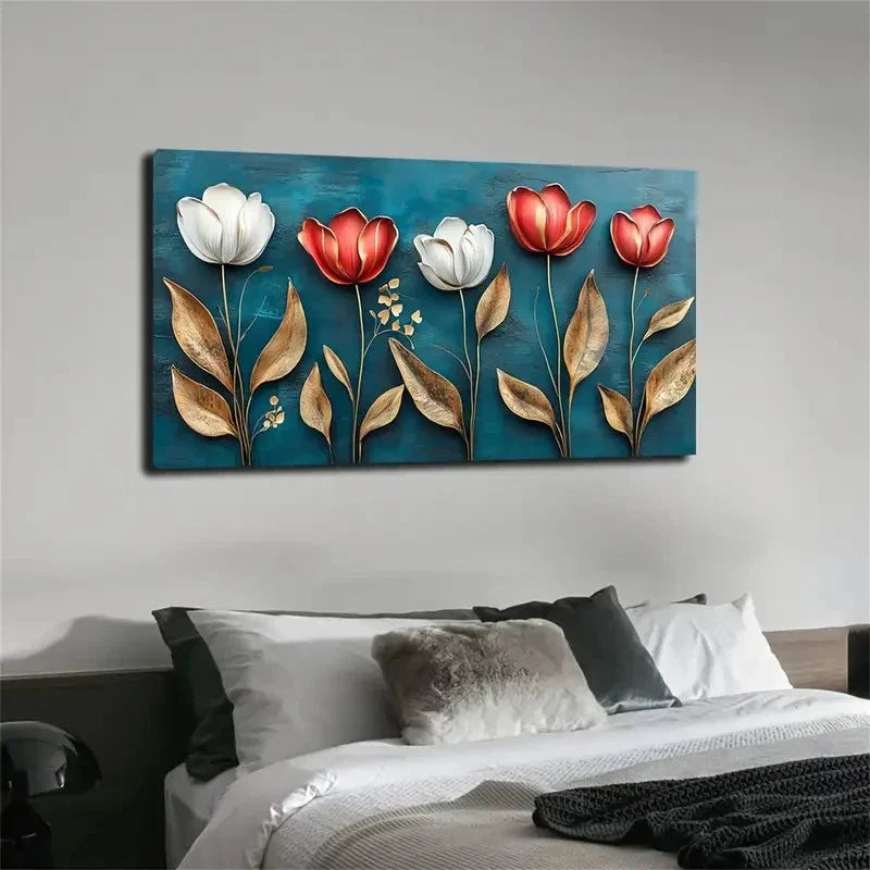 Tulips Golden Edge Wall Art Canvas Office Home Room Framed 120x60cm