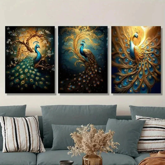 3pcs , Golden Peacock with Vibrant Blue & Golden Metal Print Ready to Hang Art