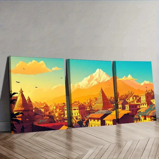 3pcs The city of Nuwakot  Wall Art Set Canvas Framed 40x60cm - High Quality Print 100% Australian Made Wall Canvas Ready to Hang