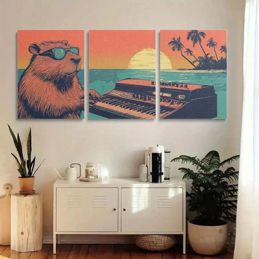 3pcs Adorable Capybara Glasses & Keyboard Metal Print Ready to Hang Art