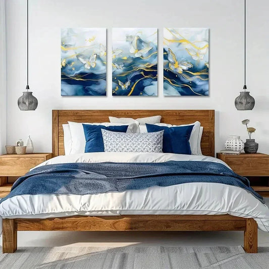 3pcs  White and Gold Butterflies on Blue and White  Metal Print Ready to Hang Art