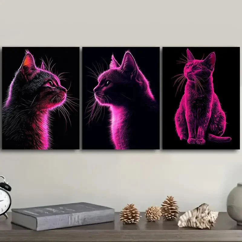 3pcs Vector illustration cat In Dark Background Wall Art Set Canvas Framed 40x60cm - High Quality Print 100% Australian Made Wall Canvas Ready to Hang