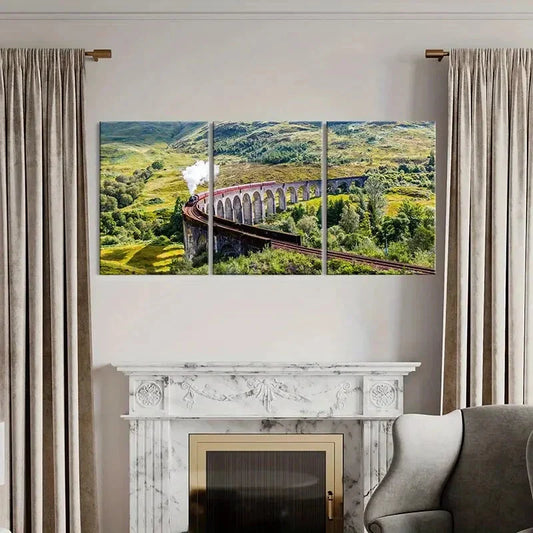 3pcs Bridge, Steam Train Metal Print Ready to Hang Art