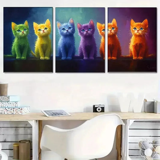 3pcs Cute Rainbow Kitten with big bright eyes Wall Art Set Canvas Framed 40x60cm - High Quality Print 100% Australian Made Wall Canvas Ready to Hang