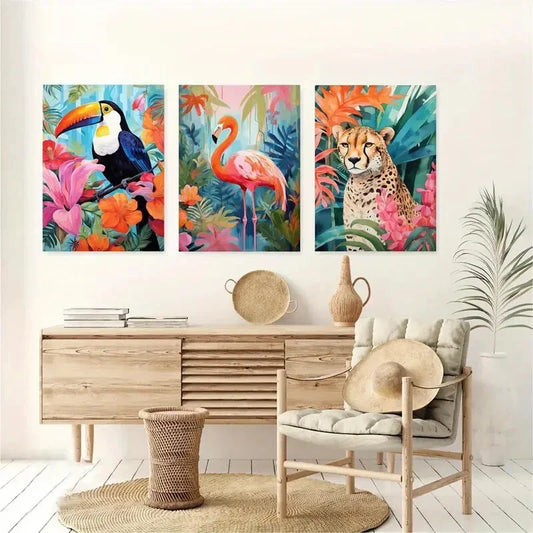 3pcs Jungle Majesty Tiger Flamingo Metal Print Ready to Hang Art